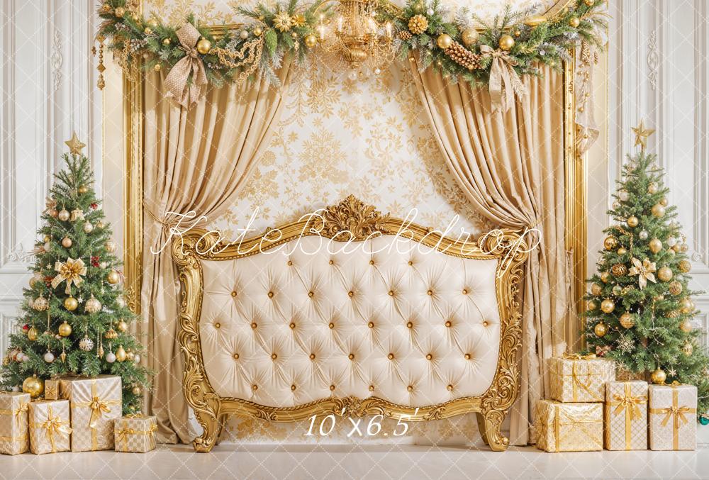 Kate Christmas Headboard Upholstered Luxury Golden Curtains Backdrop Designed by Emetselch