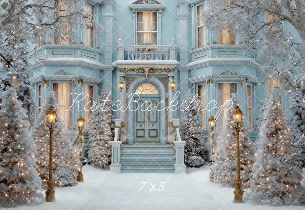 Kate Christmas Blue Mansion Snowy Trees Lamp Post Backdrop Designed by Ashley Paul