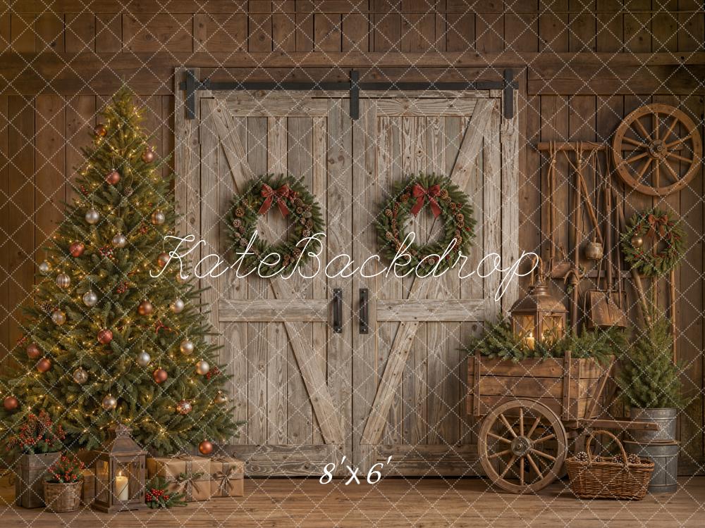 Kate Christmas Rustic Barn Door Christmas Tree Wagon Wheel Printed Backdrop Designed by Emetselch