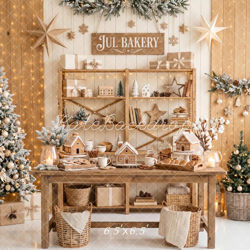 Kate Christmas Kitchen Bakery Gingerbread House Trees Neutral Printed Backdrop Designed by Patty Roberts
