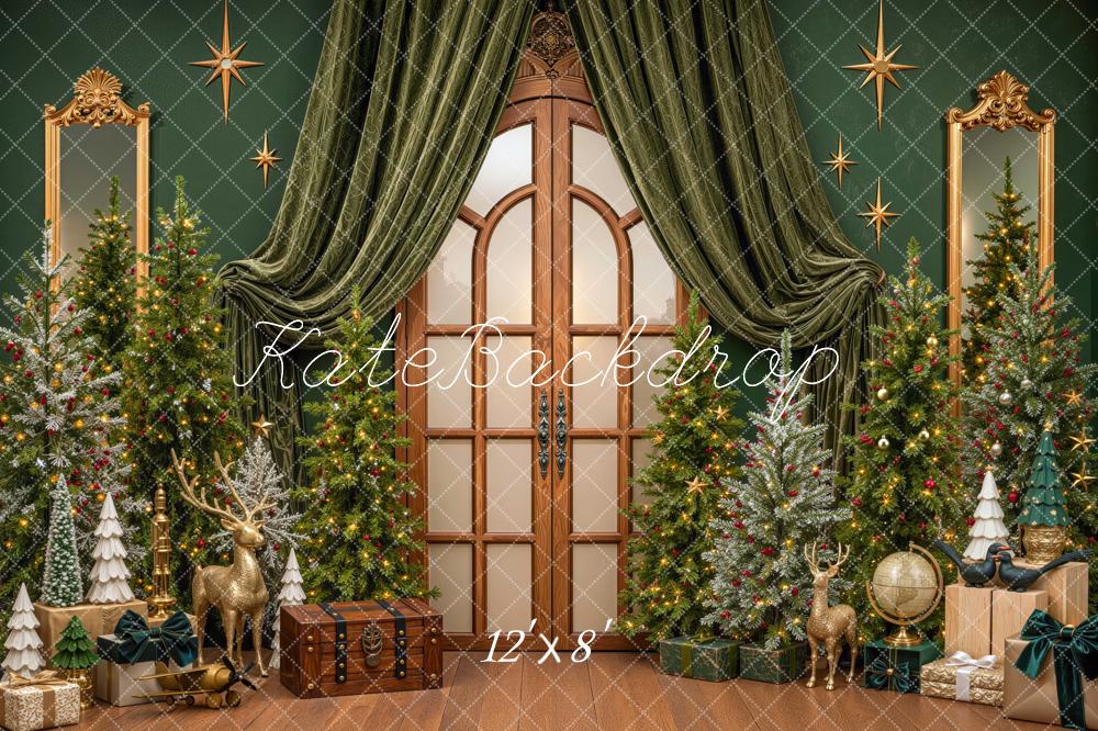 Kate Christmas Trees Green Draped Door Gifts Printed Backdrop Designed by Mini MakeBelieve