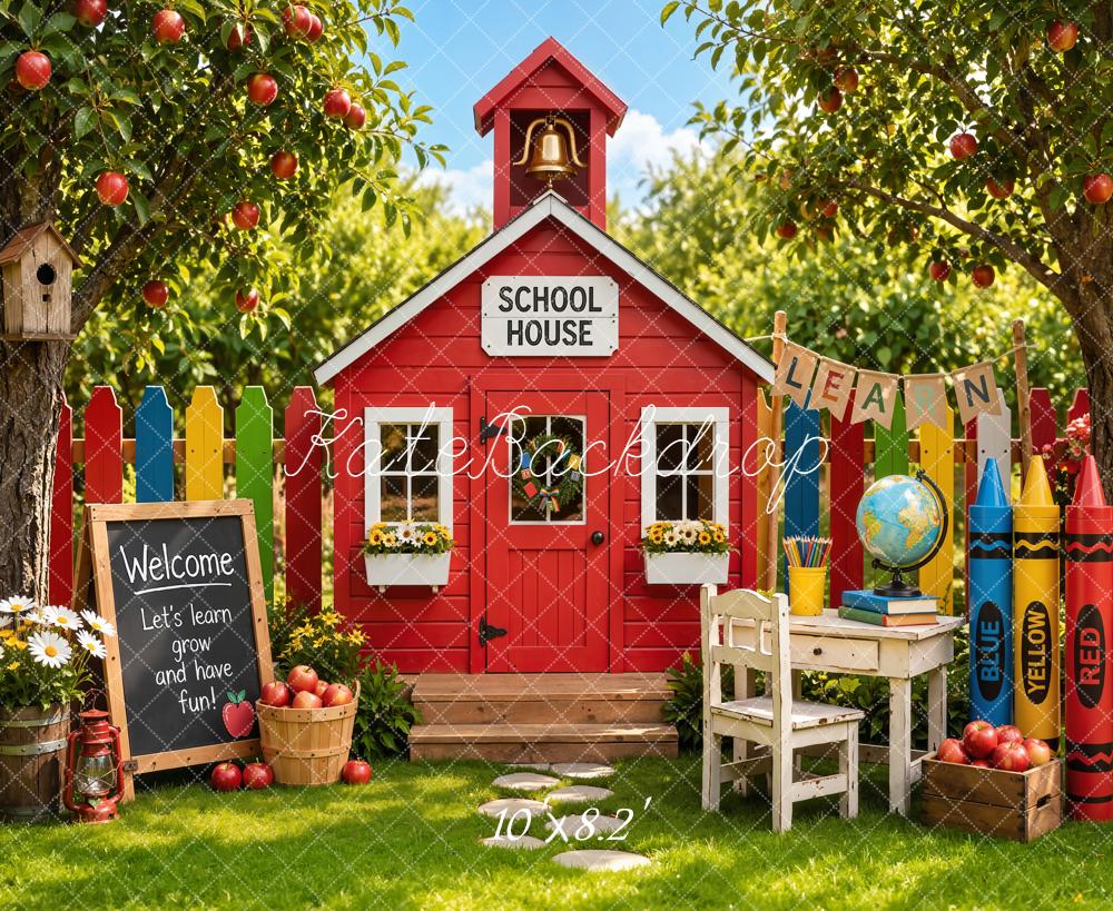 Kate Back to School Red Schoolhouse Apple Trees Crayons Desk Printed Backdrop Designed by Emetselch