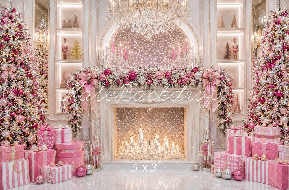 Kate Christmas Luxury Pink Fireplace Chandelier Trees Presents Printed Backdrop Designed by Ashley Paul