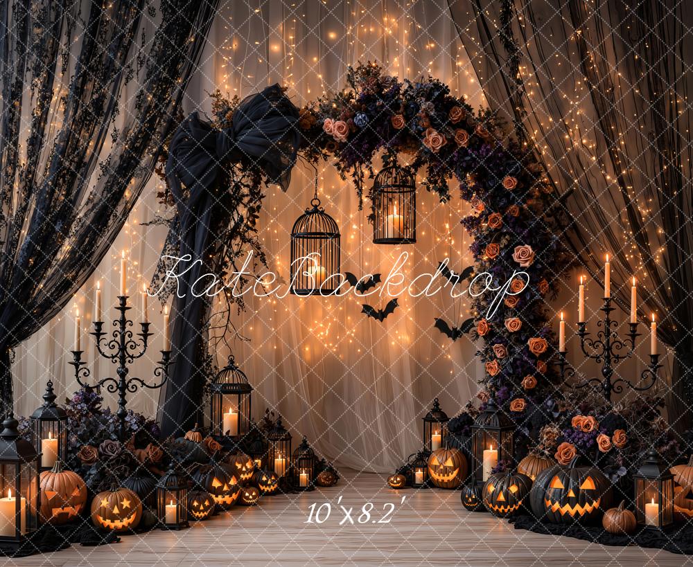 Kate Halloween Gothic Black Lace Curtains Bow Flower Arch Pumpkin Printed Backdrop Designed by Emetselch