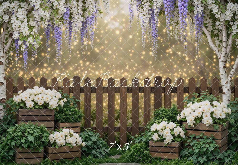 Kate Spring Wooden Fence White Flowers Wisteria Fairy Lights Backdrop Designed by Mini MakeBelieve