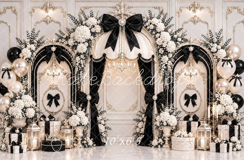 Kate Elegant Black Bow Flower Arch White Vintage Wall Printed Backdrop Designed by Ashley Paul
