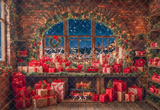 Kate Christmas Gift Room Arched Window Garland Brick Wall Printed Backdrop Designed by Emetselch