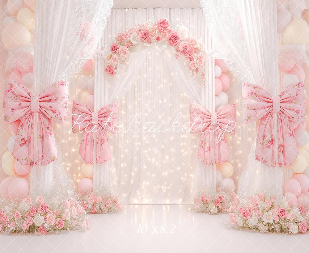 Kate Prom Pink Flower Arch Bows Curtains Balloons Backdrop Designed by Angela Miller