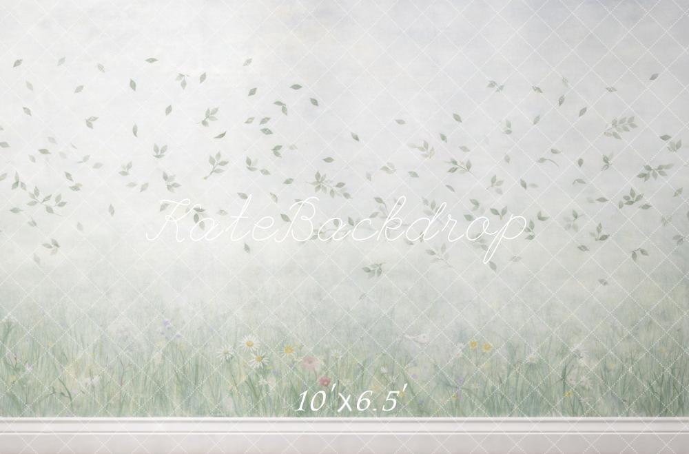 Kate Spring Green Leaves Wildflowers Grass Meadow Wall Backdrop Designed by Mini MakeBelieve
