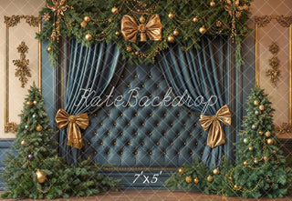 Kate Christmas Headboard Blue Tufted Wall Gold Bows Trees Printed Backdrop Designed by Emetselch