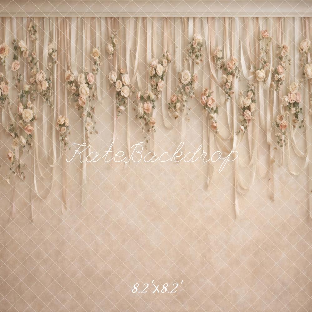 Kate Boho Neutral Flower Arch Hanging Ribbons Printed Backdrop Designed by Vertigo Productions