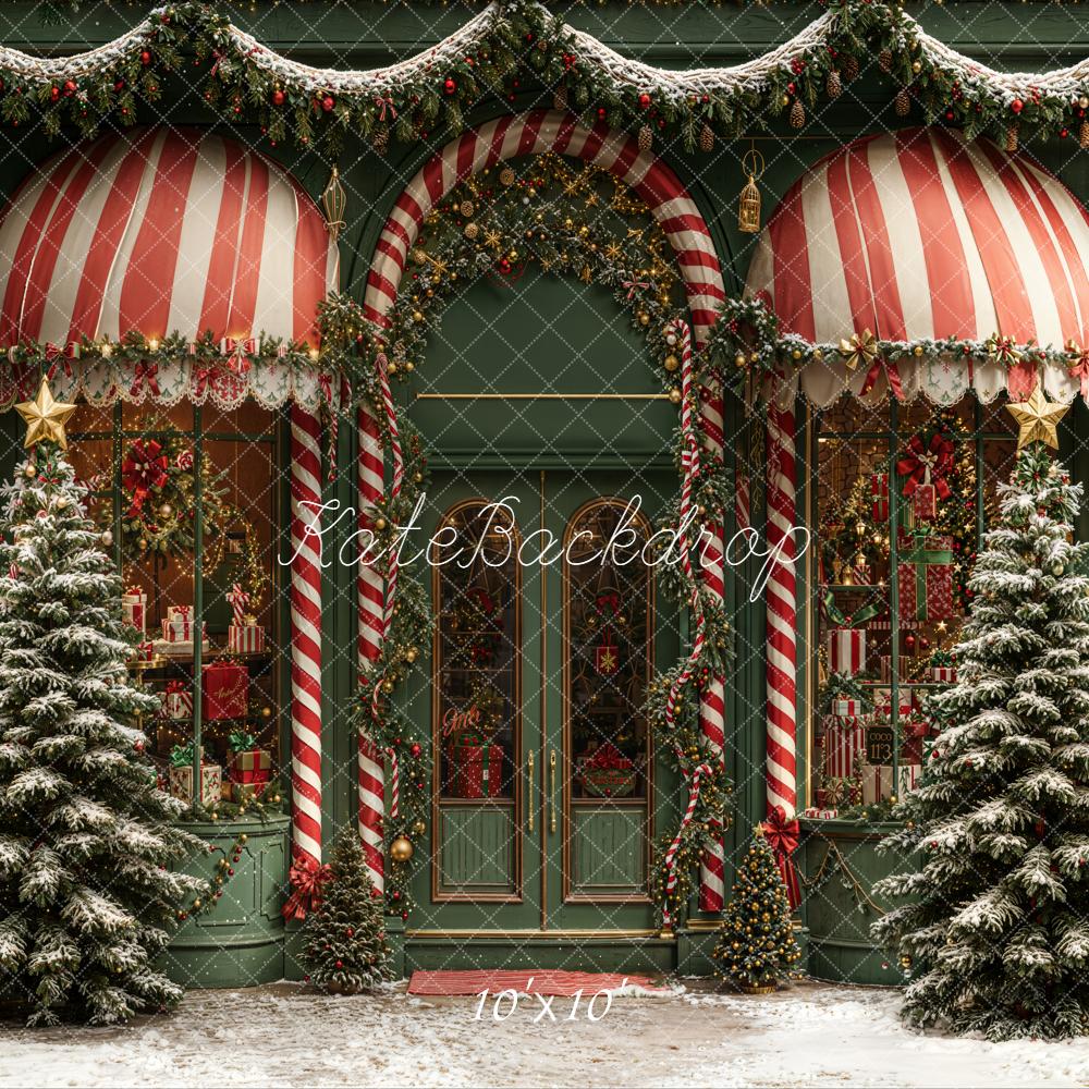 Kate Christmas Shop Candy Cane Striped Awning Snowy Trees Backdrop Designed by Emetselch