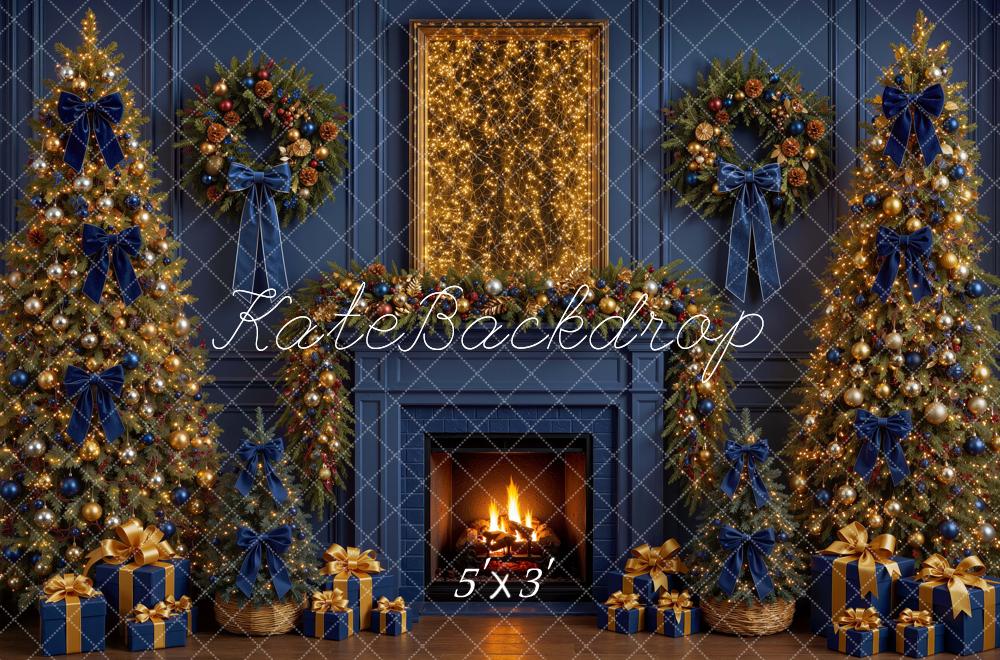 Kate Christmas Blue Bow Gold Trees Fireplace Wreath Printed Backdrop Designed by Mini MakeBelieve