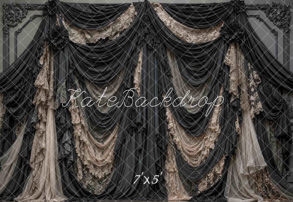 Kate Halloween Black Lace Gothic Draped Curtains Printed Backdrop Designed by Mini MakeBelieve