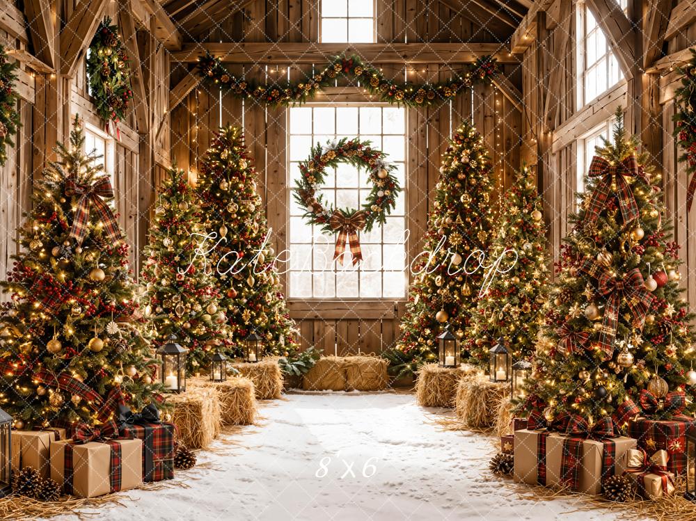 Kate Christmas Rustic Barn Trees Wreath Printed Backdrop Designed by Emetselch