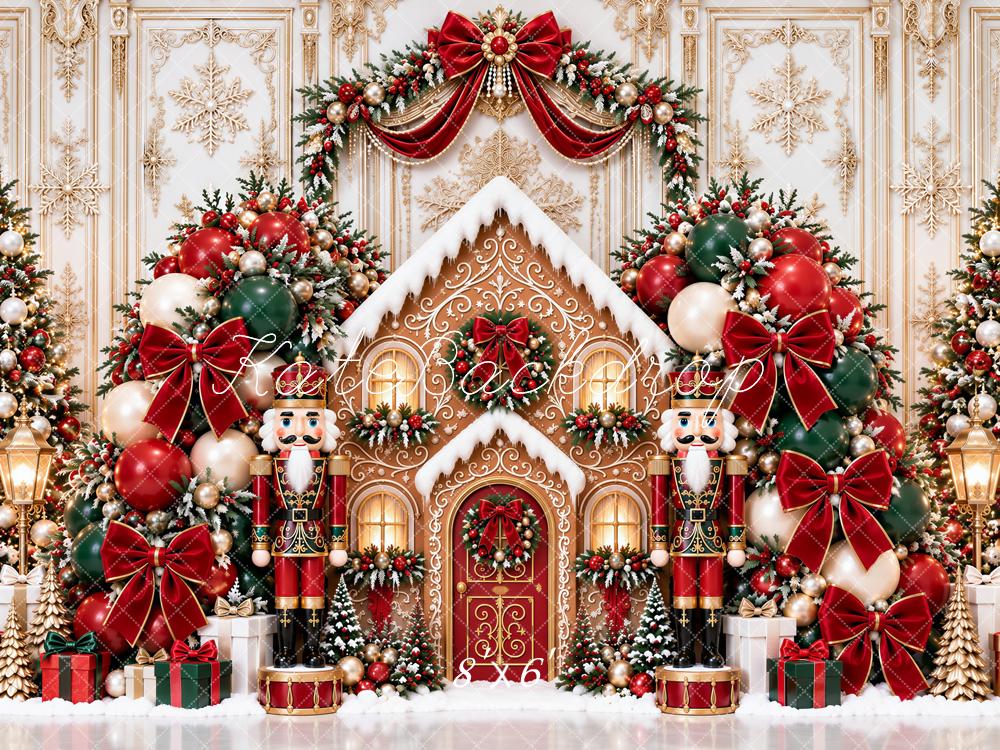 Kate Christmas Gingerbread House Nutcracker Arch Red Bow Snow Printed Backdrop Designed by Ashley Paul