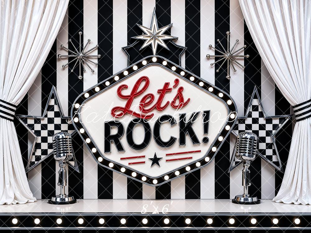 Kate Retro Rock Stage Microphone Star Printed Black And White Striped Backdrop Printed Backdrop Designed by Ashley Ward