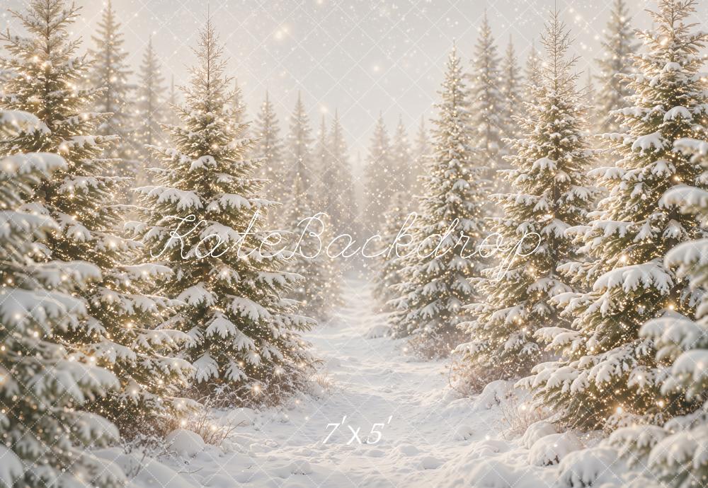 Kate Winter Snowy Pine Forest Sparkling Path Printed Backdrop Designed by Emetselch