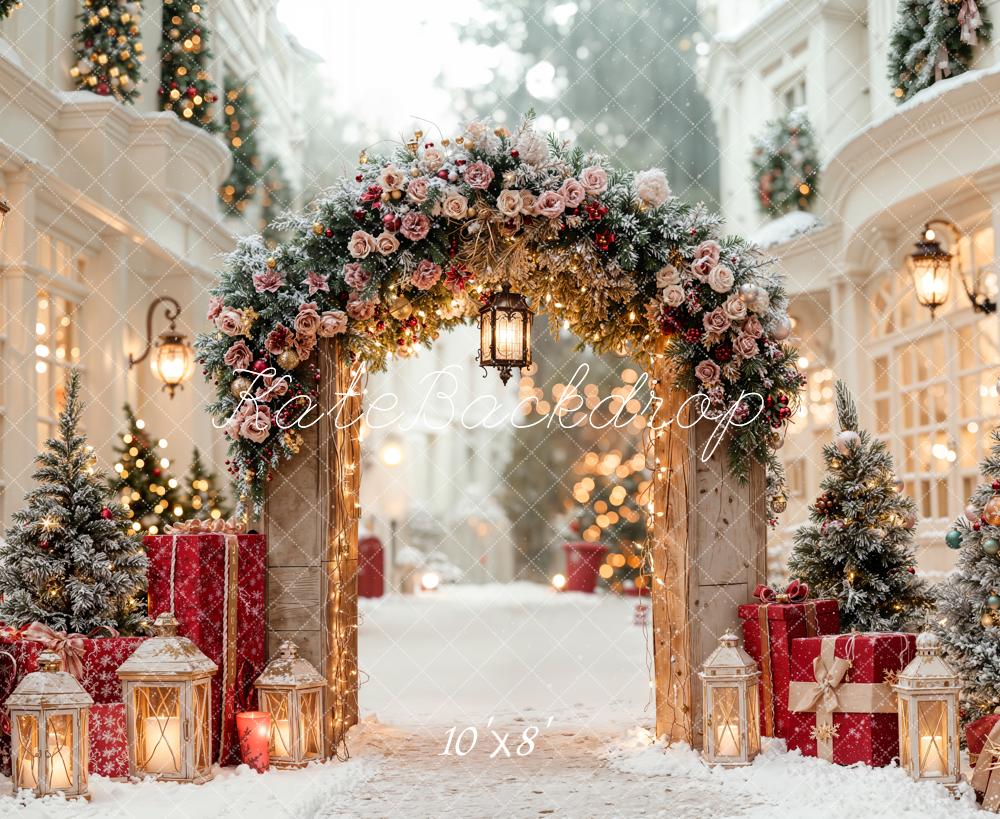 Kate Christmas Flower Arch Snowy Street Lanterns Gift Backdrop Designed by Emetselch