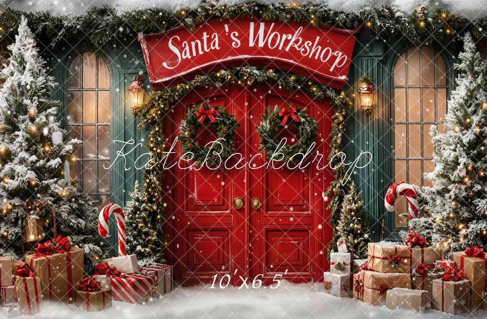 Kate Christmas Santa's Workshop Red Door Snow Backdrop Designed by Emetselch