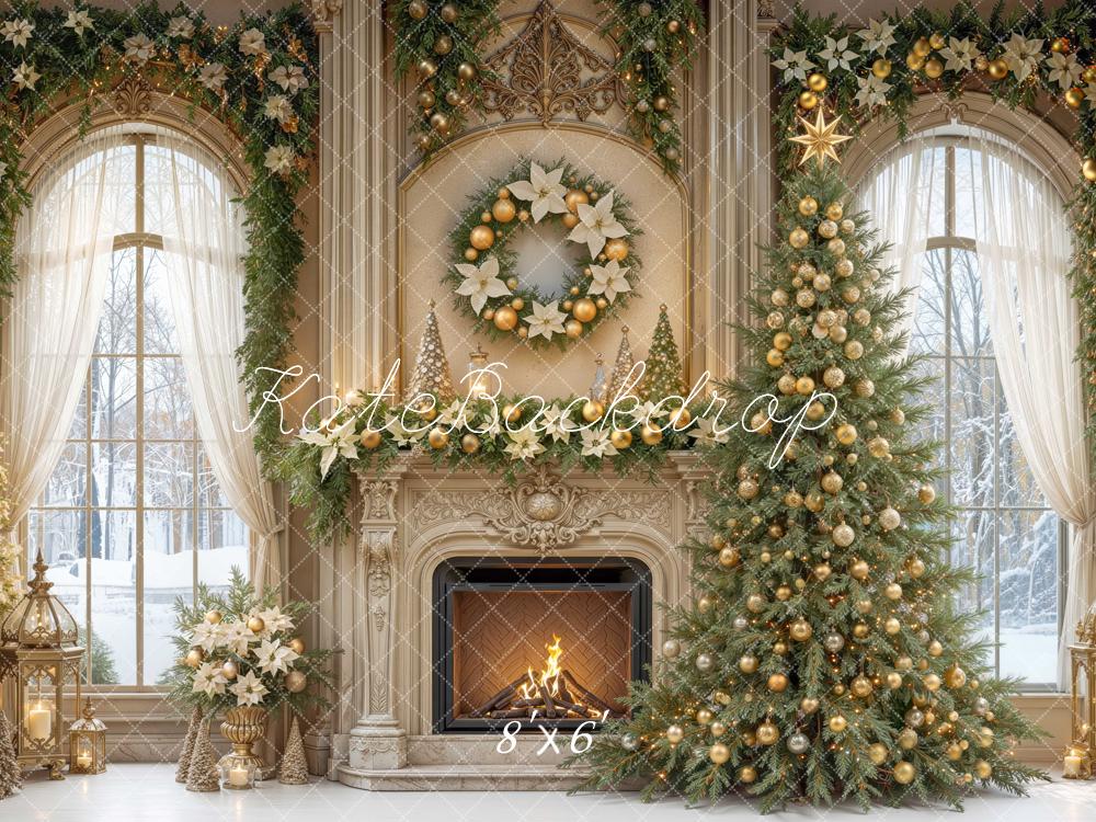 Kate Christmas Tree Fireplace Wreath Garland Arched Window Printed Backdrop Designed by Mini MakeBelieve