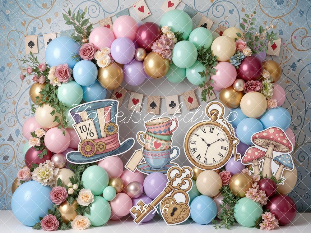 Kate Cake Smash Fantasy Wonderland Tea Party Balloons Flowers Playing Cards Printed Backdrop Designed by Mini MakeBelieve