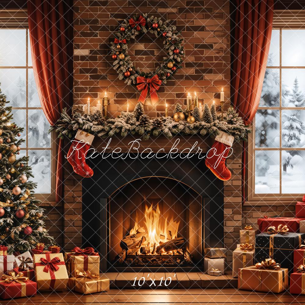 Kerstboom Openhaard Cadeaus Raam Foto Achtergrond Designed by Emetselch