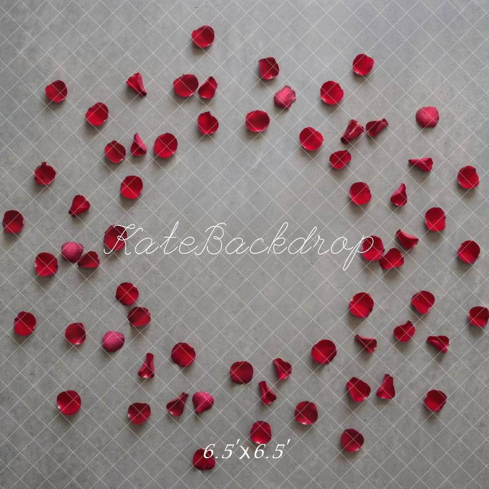 Kate Red Rose Petals on Gray Background Floor Backdrop Designed by Mini MakeBelieve
