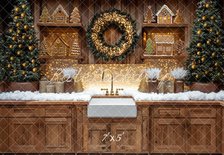 Kate Christmas Kitchen Shelves Gingerbread Wood Printed Backdrop Designed by Mini MakeBelieve