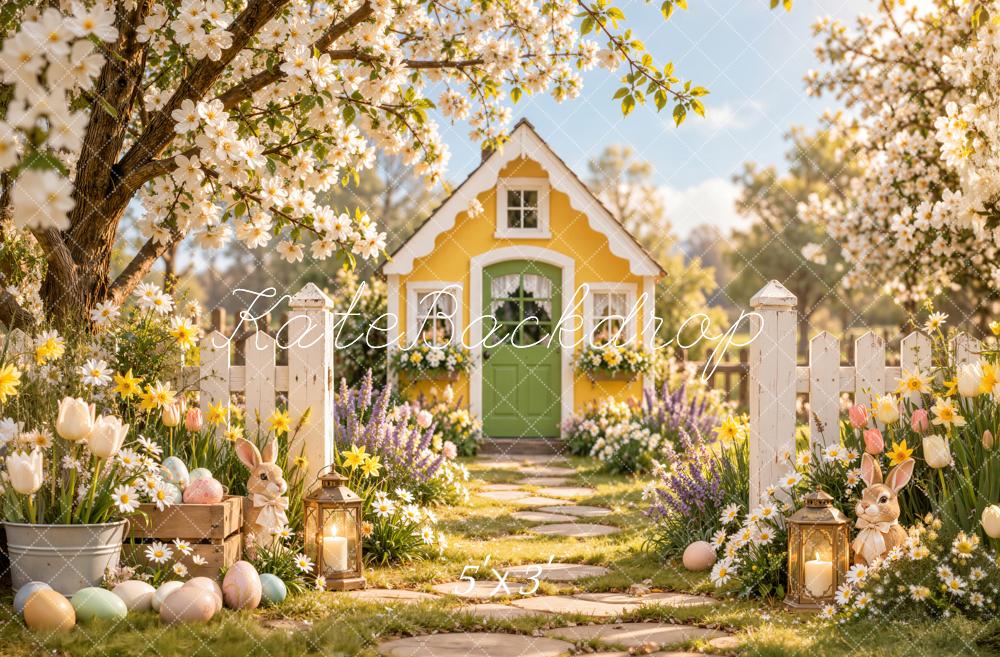 Kate Easter Yellow Cottage Garden Cherry Blossoms Bunny Printed Backdrop Designed by Emetselch