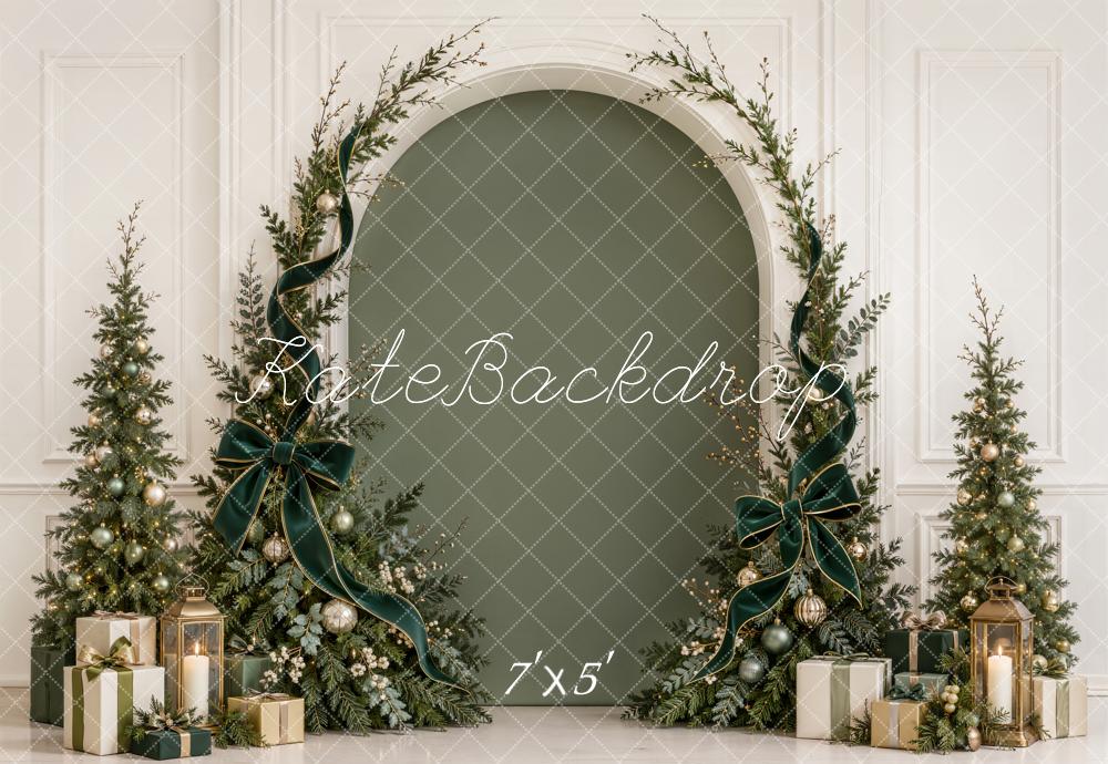Kate Christmas Evergreen Arch Trees Green Velvet Bow Gifts Printed Backdrop Designed by Emetselch