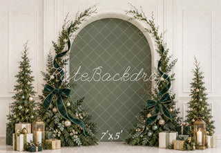 Kate Christmas Evergreen Arch Trees Green Velvet Bow Gifts Printed Backdrop Designed by Emetselch
