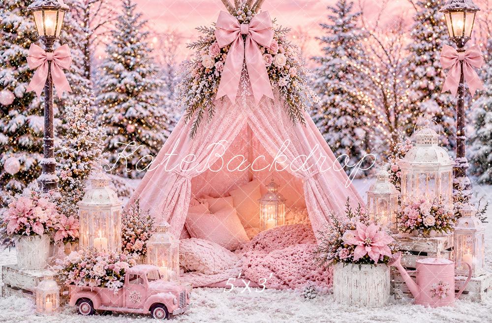 Kate Christmas Pink Floral Winter Teepee Snowy Forest Printed Backdrop Designed by Ashley Paul