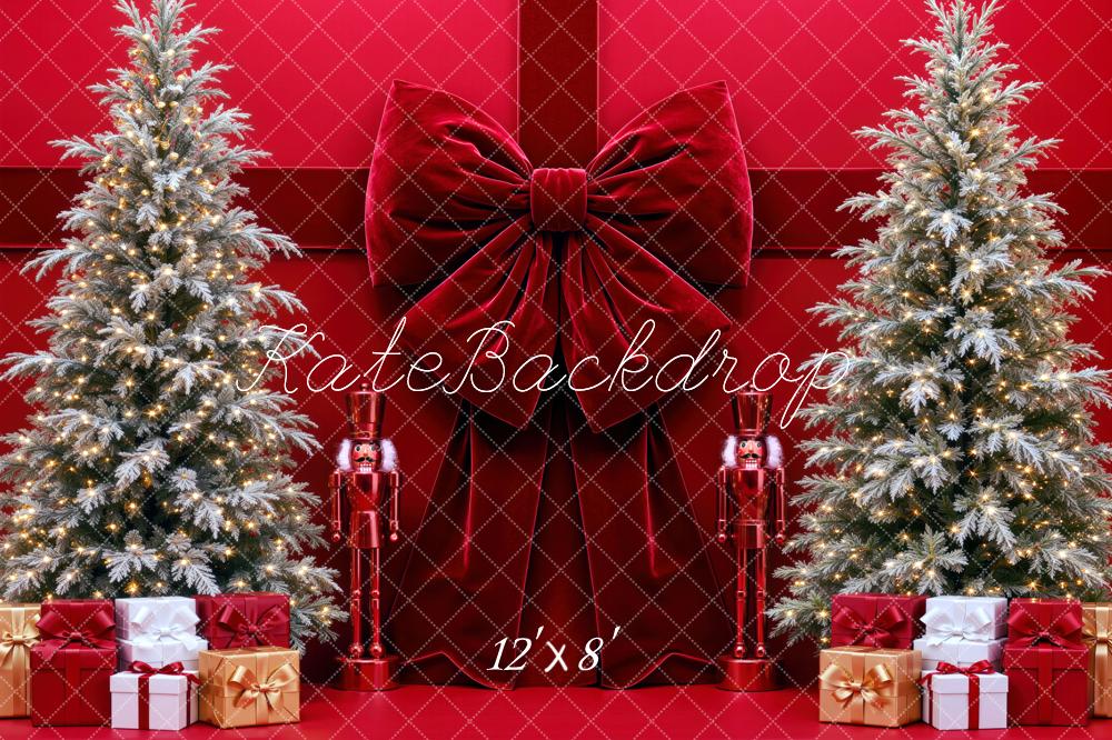 Kate Christmas Red Velvet Bow Christmas Trees Gift Printed Backdrop Designed by Mini MakeBelieve