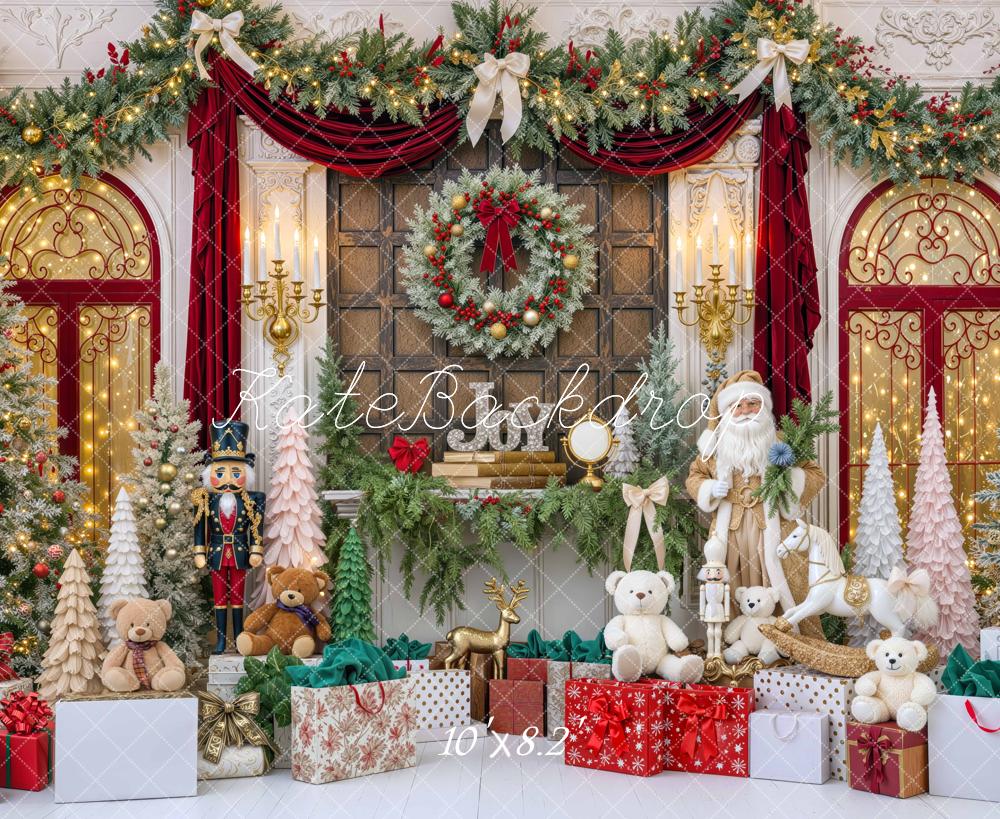 Kate Christmas Santa Claus Fireplace Mantel Garland Gifts Printed Backdrop Designed by Mini MakeBelieve