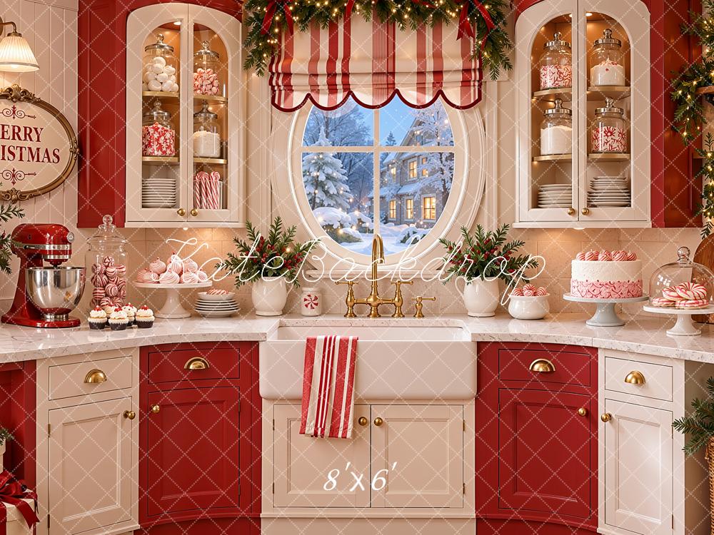 Kate Christmas Kitchen Red Candy Cane Peppermint Window Printed Backdrop Designed by Shutter Swan Studios