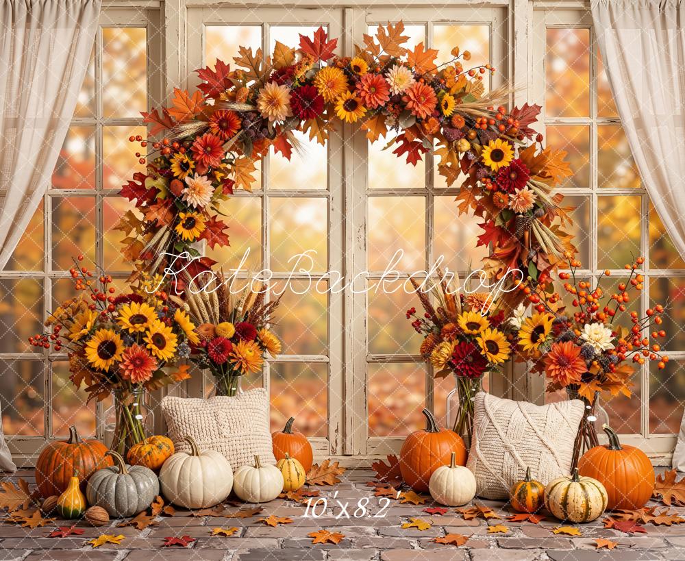 Kate Fall Sunflower Arch Pumpkins Window Printed Backdrop Designed by Emetselch