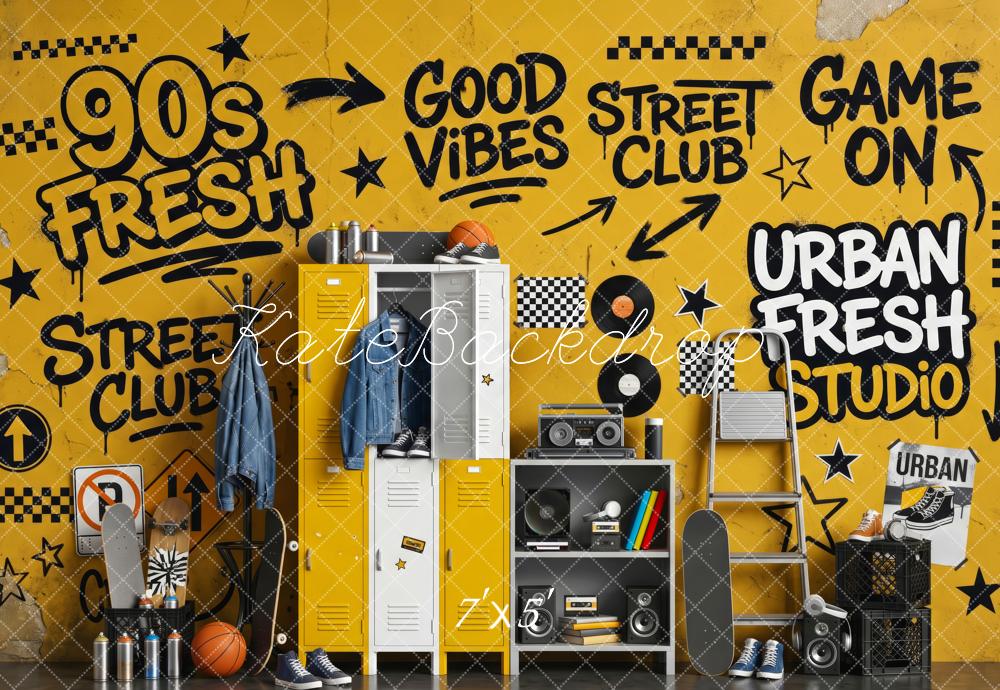 Kate School 90s Yellow Graffiti Locker Street Club Printed Backdrop Designed by Patty Roberts