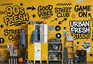Kate School 90s Yellow Graffiti Locker Street Club Printed Backdrop Designed by Patty Roberts