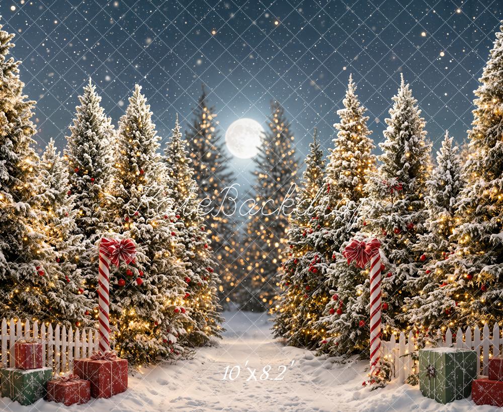 Kate Christmas Snowy Pine Trees Presents Moonlight Printed Backdrop Designed by Emetselch