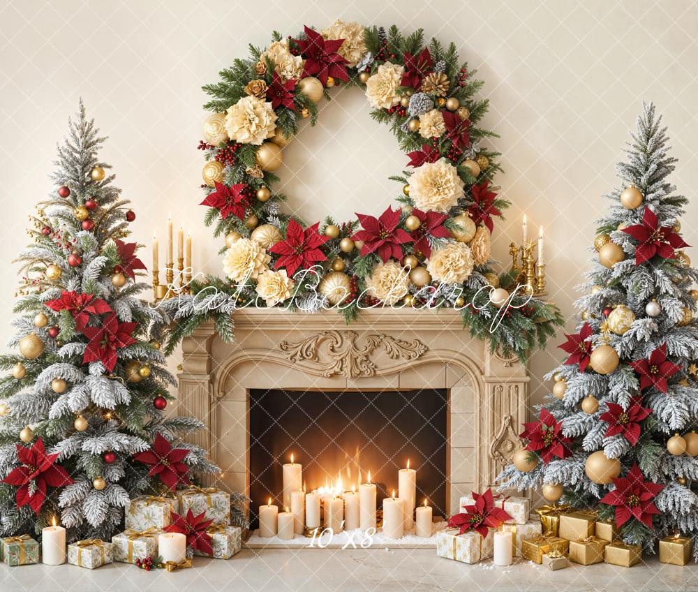 Kate Christmas Fireplace Frosted Trees Wreath Gifts Candles Backdrop Designed by Emetselch
