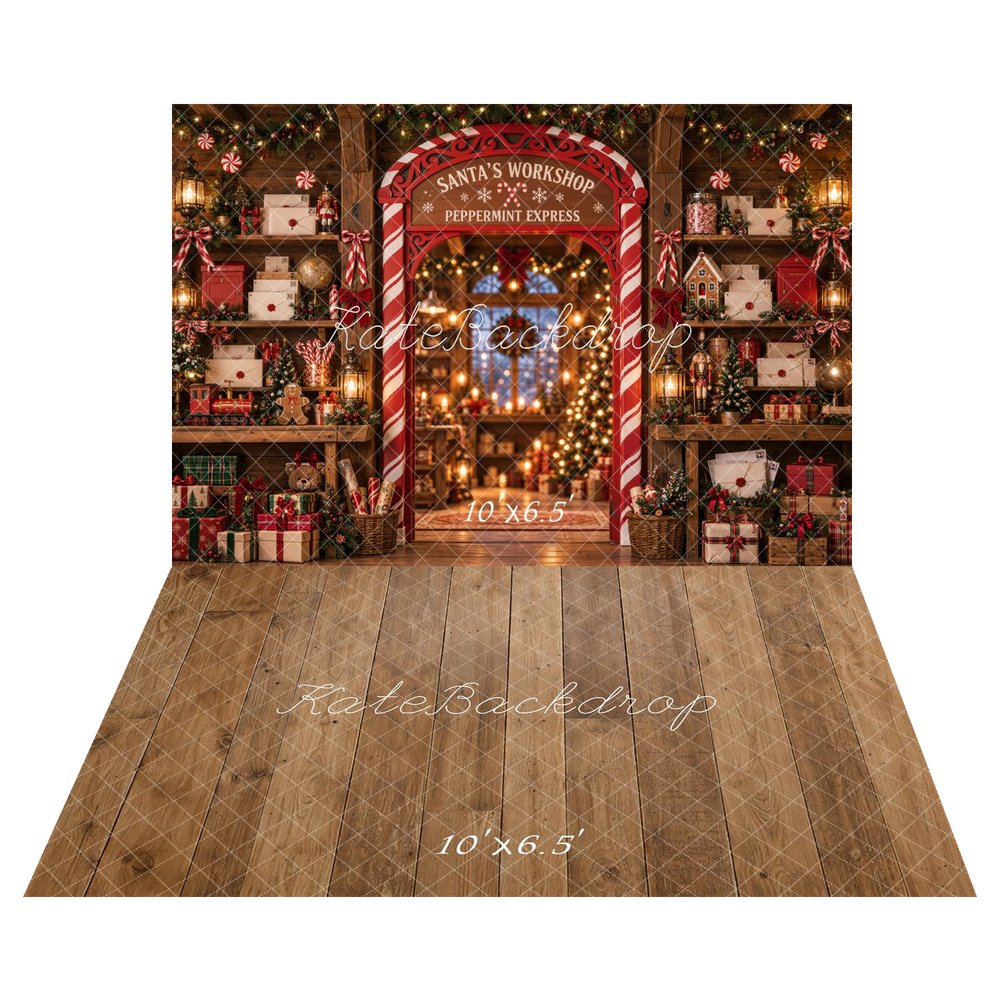 Kate Christmas Santa's Workshop Candy Cane Arch Toys Printed Backdrop+Brown Wood Plank Floor Printed Backdrop