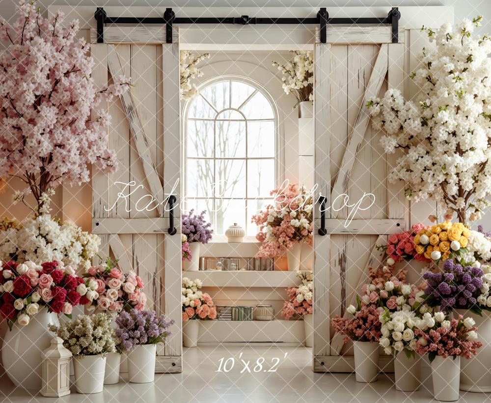 Kate Spring Barn Door Flower Arch Window Blossoms Backdrop Designed by Mini MakeBelieve