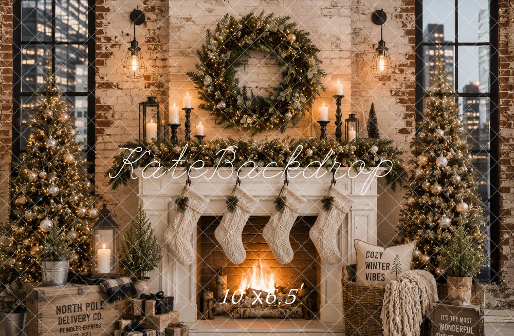 Kate Christmas Urban Fireplace Wreath Stockings Printed Backdrop Designed by Ashley Paul