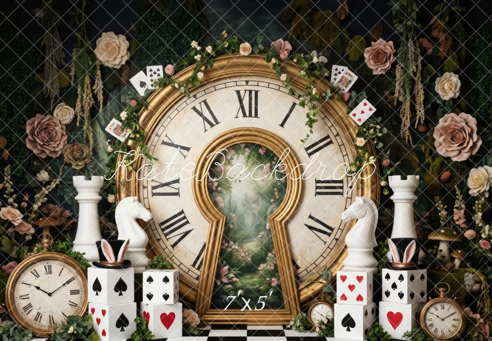 Kate Alice Garden Clock Room Wonderland Chessboard Playing Cards Printed Backdrop Designed by Patty Roberts