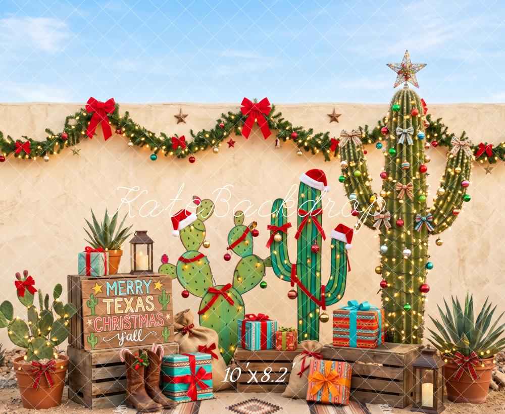 Kate Christmas Western Texas Cactus Garland Presents Printed Backdrop Designed by Patty Roberts
