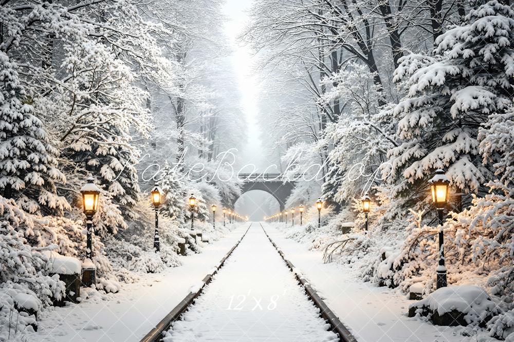 Kate Winter Snowy Forest Railway Tunnel with Lamp Posts Printed Backdrop Designed by Mini MakeBelieve