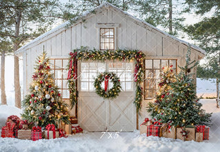 Kate Christmas White Door Snowy House Trees Garland Gifts Printed Backdrop Designed by Emetselch