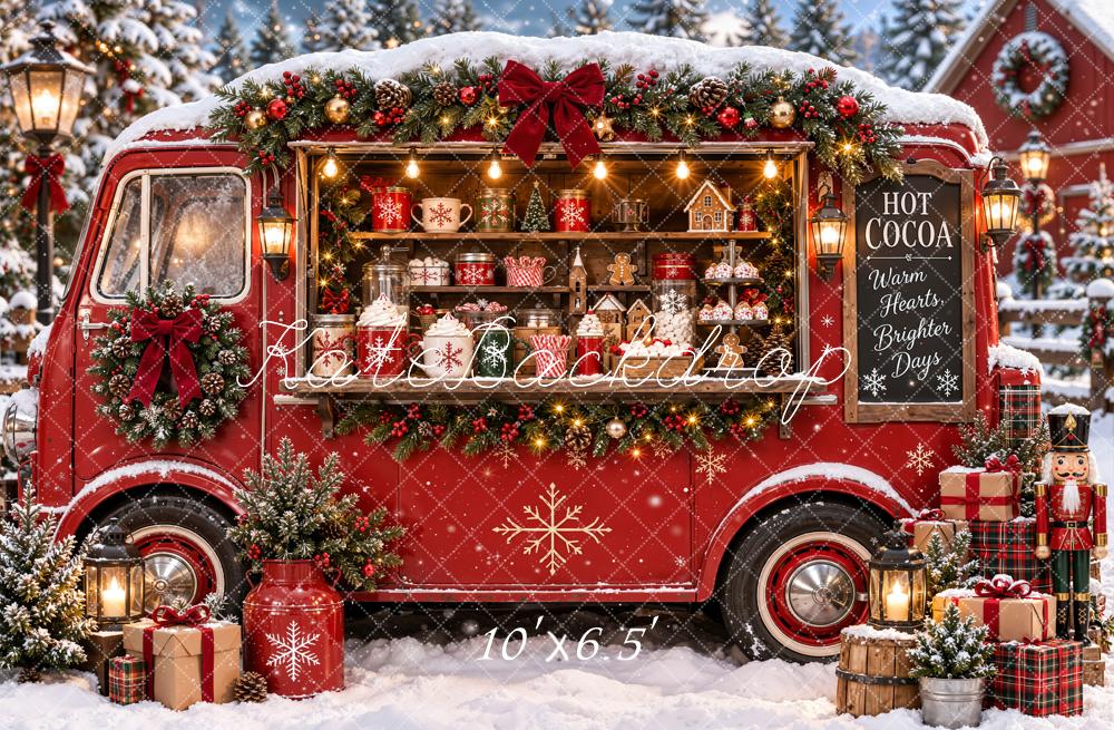 Kate Christmas Red Hot Cocoa Truck Snowy Gifts Nutcracker Printed Backdrop Designed by Emetselch