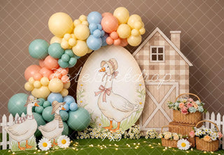 Kate Easter Ducks Pastel Balloons Barn Flowers Printed Backdrop Designed by Patty Roberts